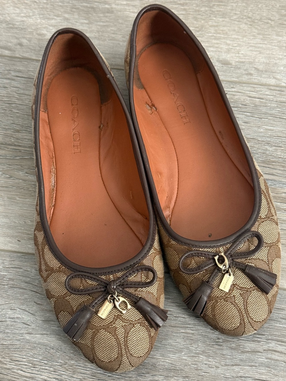 COACH Brown Signature Canvas Tassel Ballet Flats